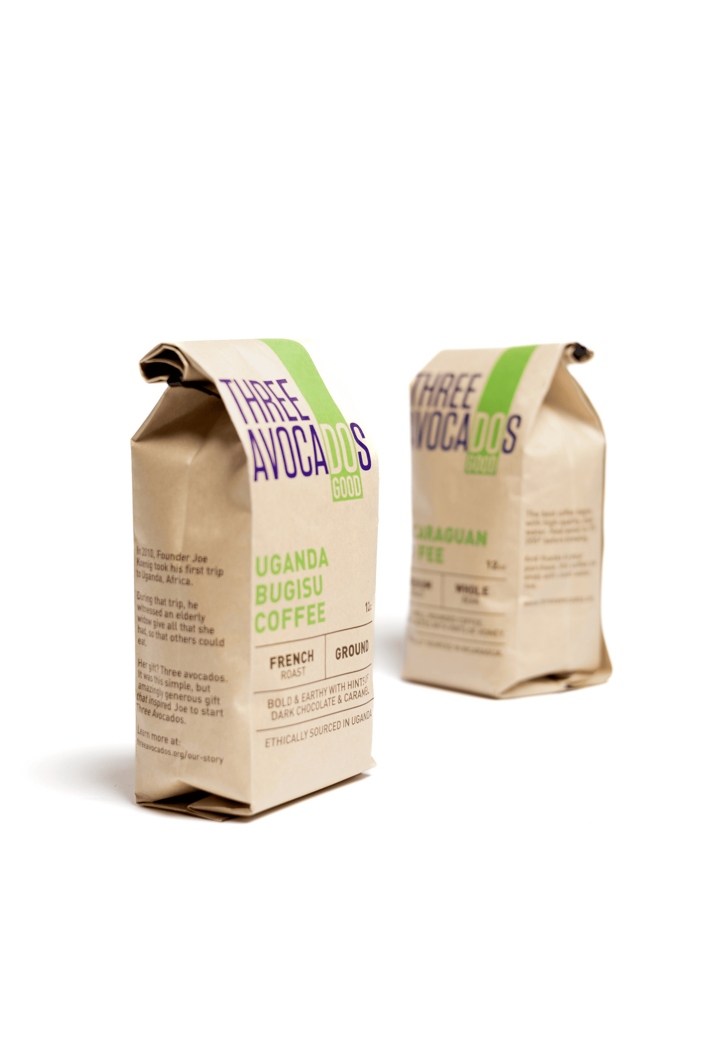 Two brown bags of coffee on a white backdrop