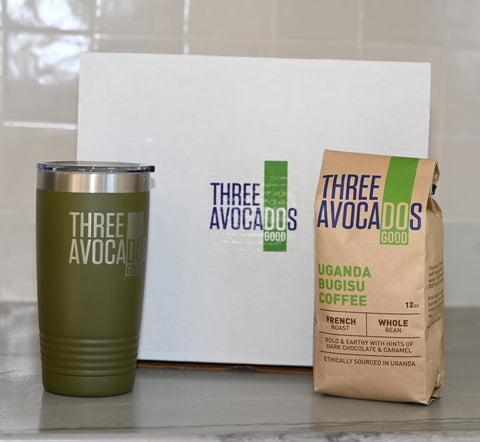 A picture of organic coffee and a travel mug