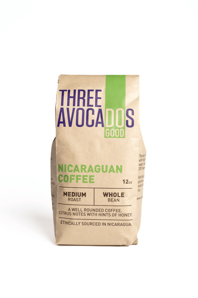 A photo of a bag of whole bean coffee, medium roast, 12 oz, from Nicaragua