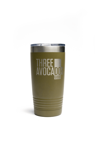 Olive green tumbler (20oz) engraved with Three Avocados logo.