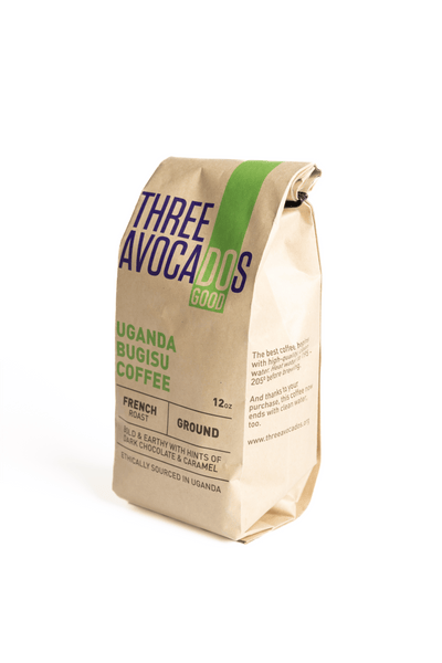 A side view of bag of ground coffee from Uganda